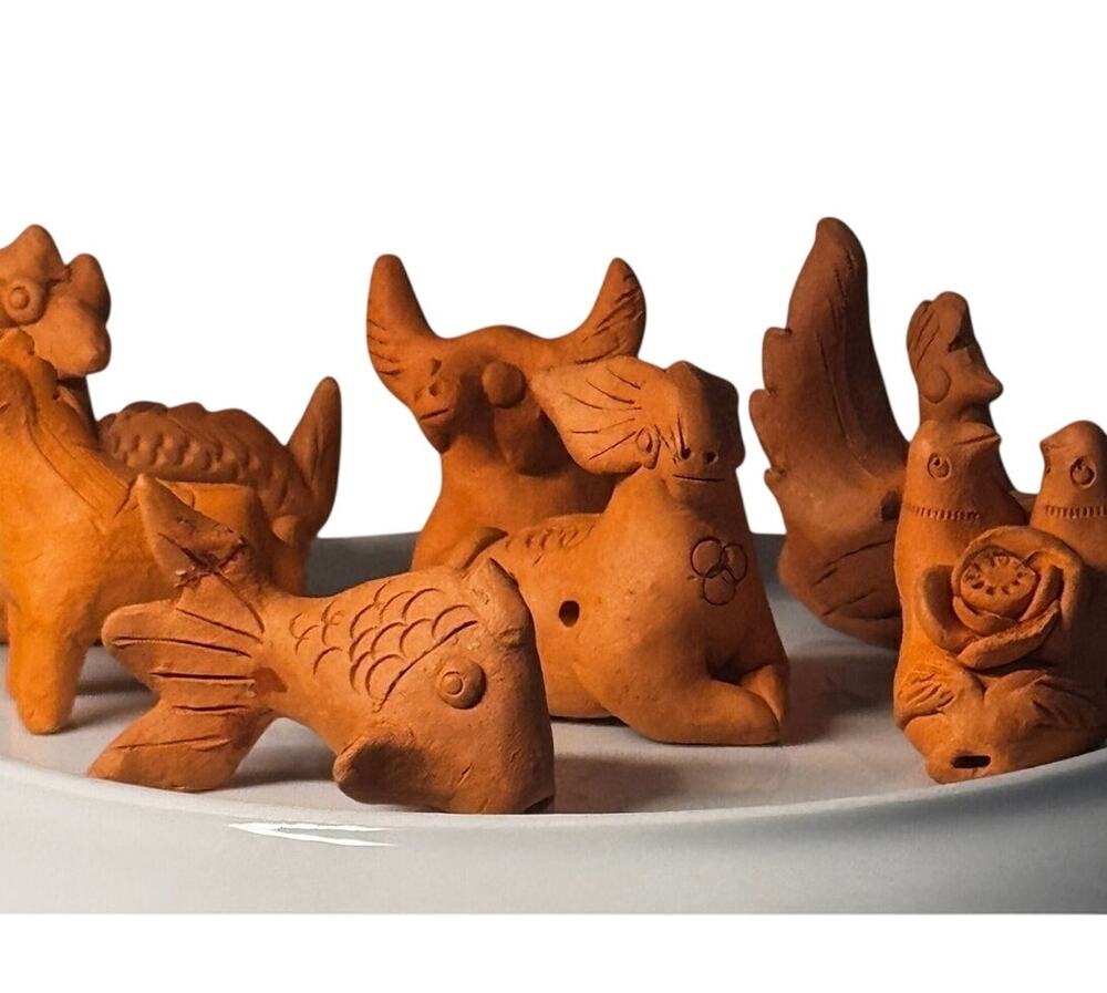 Vintage Chinese Clay Animal Whistle Lot of 7 - Folk Art Zodiac Mud Toy Ocarina